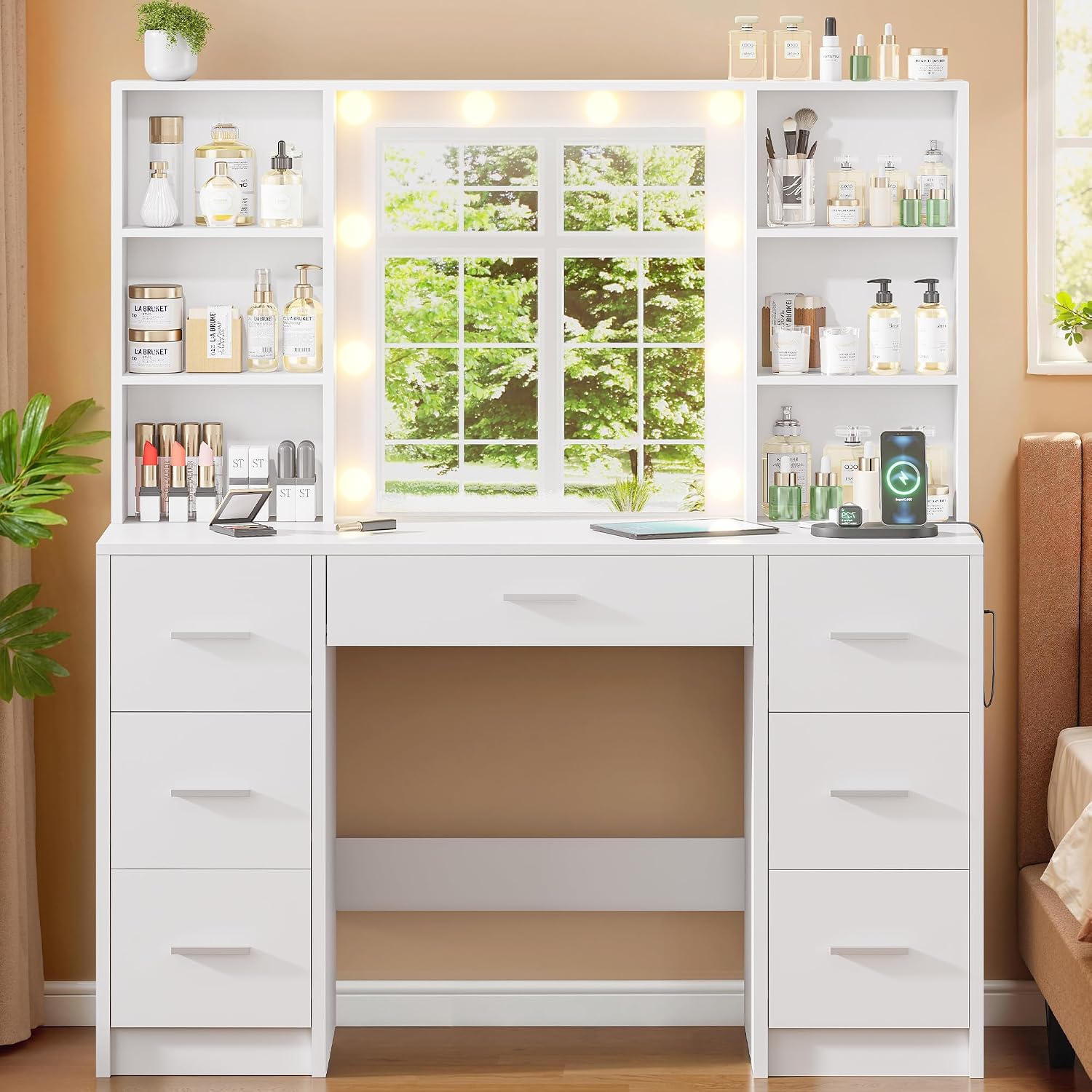 Home Outlet Bathroom Mirrors - طاولة تجميل كبيرة مع مرآة LED