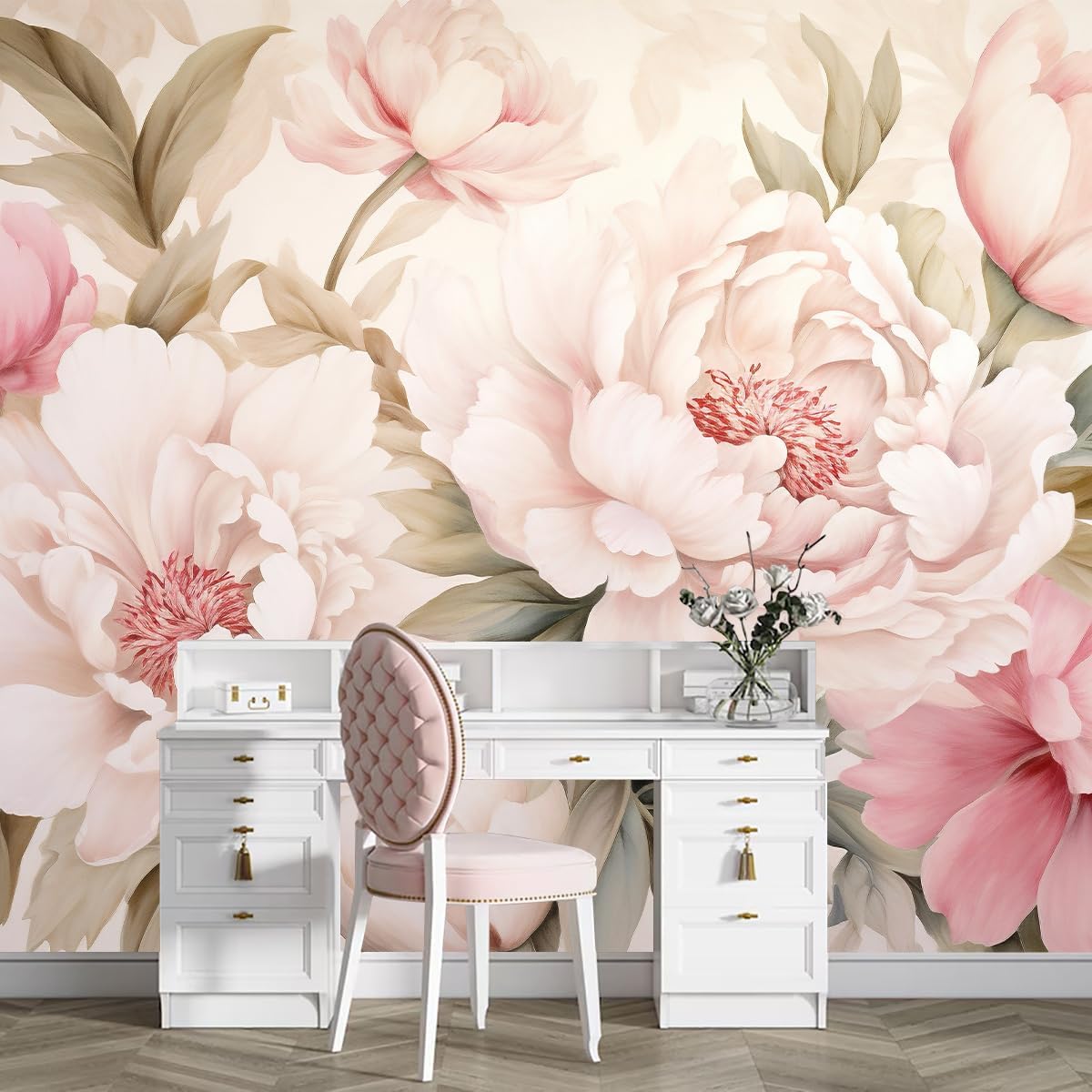 Home Bathroom Wallpaper - ورق جدران أنيق بتصميم زهور الفاوانيا