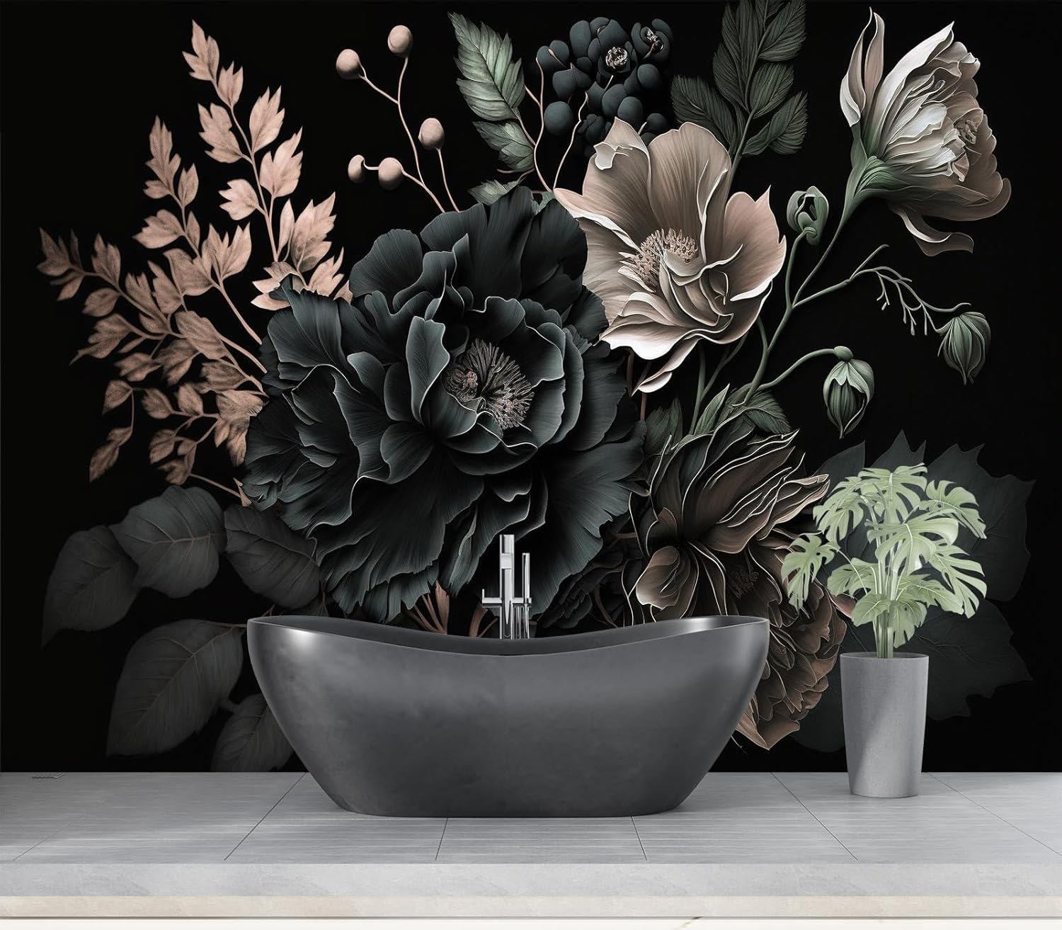 Home Bathroom Wallpaper - لوحة جدارية فنية بتصميم زهور الفاوانيا