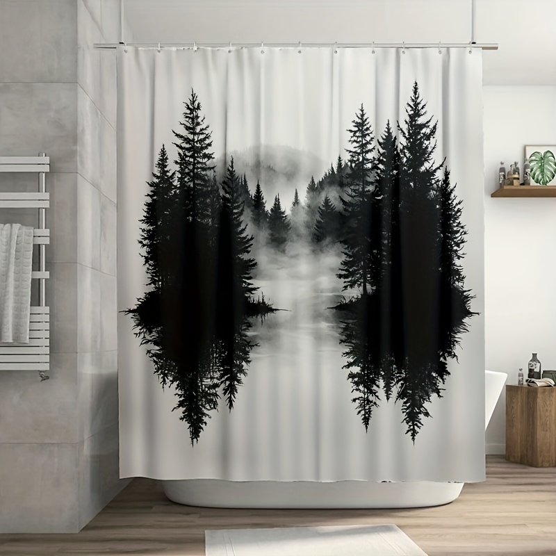 Home Decor Bathroom Ideas - ستارة حمام بتصميم غابة متموجة وغابات